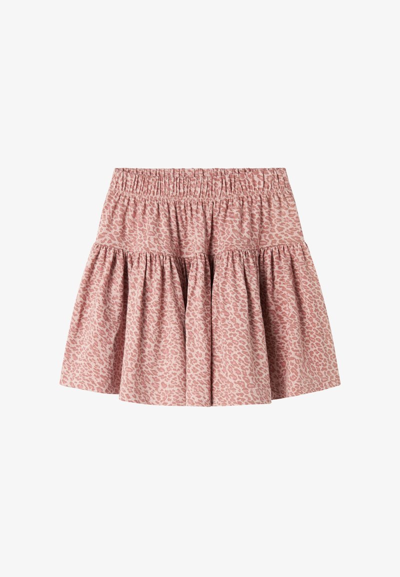 Sprettende rosa skjørt med leopardmønster, med elastisk midjebånd og lagdelte volanger for en avslappet, leken stil.