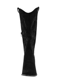 Botas de vaquero de ante negro con intrincados patrones florales de cuentas, forma alargada y punta afilada. Incluyen lengüetas para facilitar su uso.