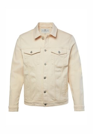 Béžová džínová bunda s knoflíkovou přední částí, dvěma náprsními kapsami, stříbrnými knoflíkovými detaily a klasickým límcem. Texturovaná látka.