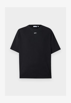 T-shirt noir à manches courtes avec col rond, petit texte blanc "OFF" centré sous l'encolure à l'avant.