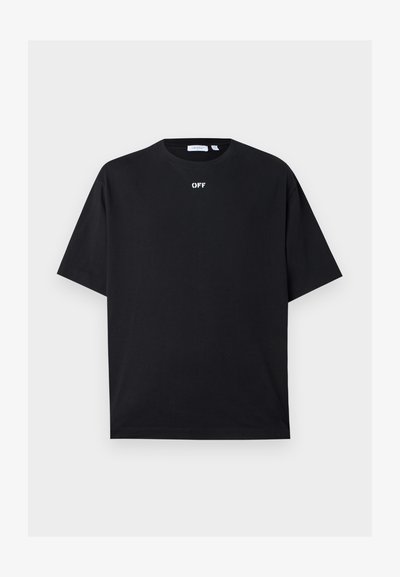 Μαύρο κοντομάνικο T-shirt με στρογγυλή λαιμόκοψη και μικρό λευκό κείμενο "OFF" στο κέντρο κάτω από το λαιμό στην μπροστινή πλευρά.