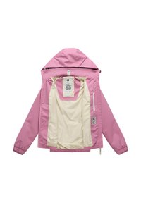 Roze capuchonjack met crèmekleurige binnenvoering, open voorkant die de binnenlabels toont, elastische manchetten en een ritszak aan de rechterkant.
