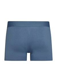 Blaue Boxershorts mit glatter Textur und einem breiten elastischen Bund. Einfaches Design ohne Muster oder sichtbare Beschläge.