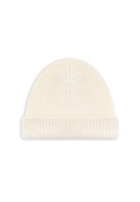 Cappellino a maglia di colore bianco sporco, caratterizzato da una texture a coste e da un risvolto piegato alla base; superficie liscia con dettagli di cuciture sottili.