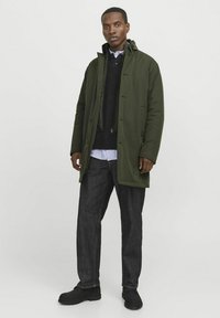 Parka verde oliva con chiusura a zip e bottone, dotata di cappuccio, tasche laterali e vestibilità rilassata, indossata sopra un maglione nero e una camicia blu.