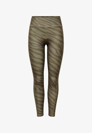 Colanți cu talie înaltă și lungime completă, cu model cu dungi de zebra în verde măsliniu și verde închis.