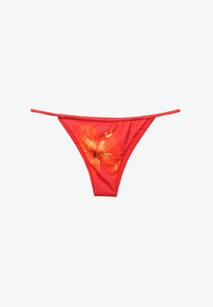 Rdeči bikini hlačke z tiskom hibiskusa v oranžni in rumeni barvi. Imajo tanke naramnice in zložen pas. Raztegljiv material.