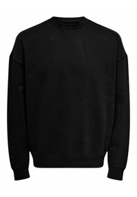 Felpa nera in misto cotone. Presenta una scollatura tonda, maniche lunghe, polsini e orlo a costine. Design semplice e senza decorazioni.