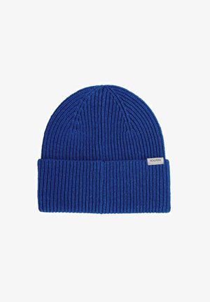 Gorro azul de punto acanalado con puño doblado. Presenta una pequeña etiqueta con la palabra "SCALPERS" en el lateral.