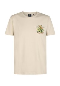 Hellbeiges Baumwoll-T-Shirt mit Rundhalsausschnitt, kurzen Ärmeln und einer Brusttaschenbedruckung mit Kakteenmotiv und dem Schriftzug "BAJA CALIFORNIA".