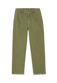 Olivově zelené kalhoty rovného střihu s texturovaným povrchem. Mají elastický pas, dvě přední kapsy a jemné detaily šití.