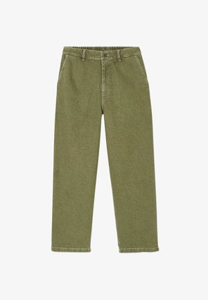 Olijfgroene, rechte broek met een gestructureerde afwerking. Voorzien van een elastische tailleband, twee voorzakken en subtiele stikdetails.