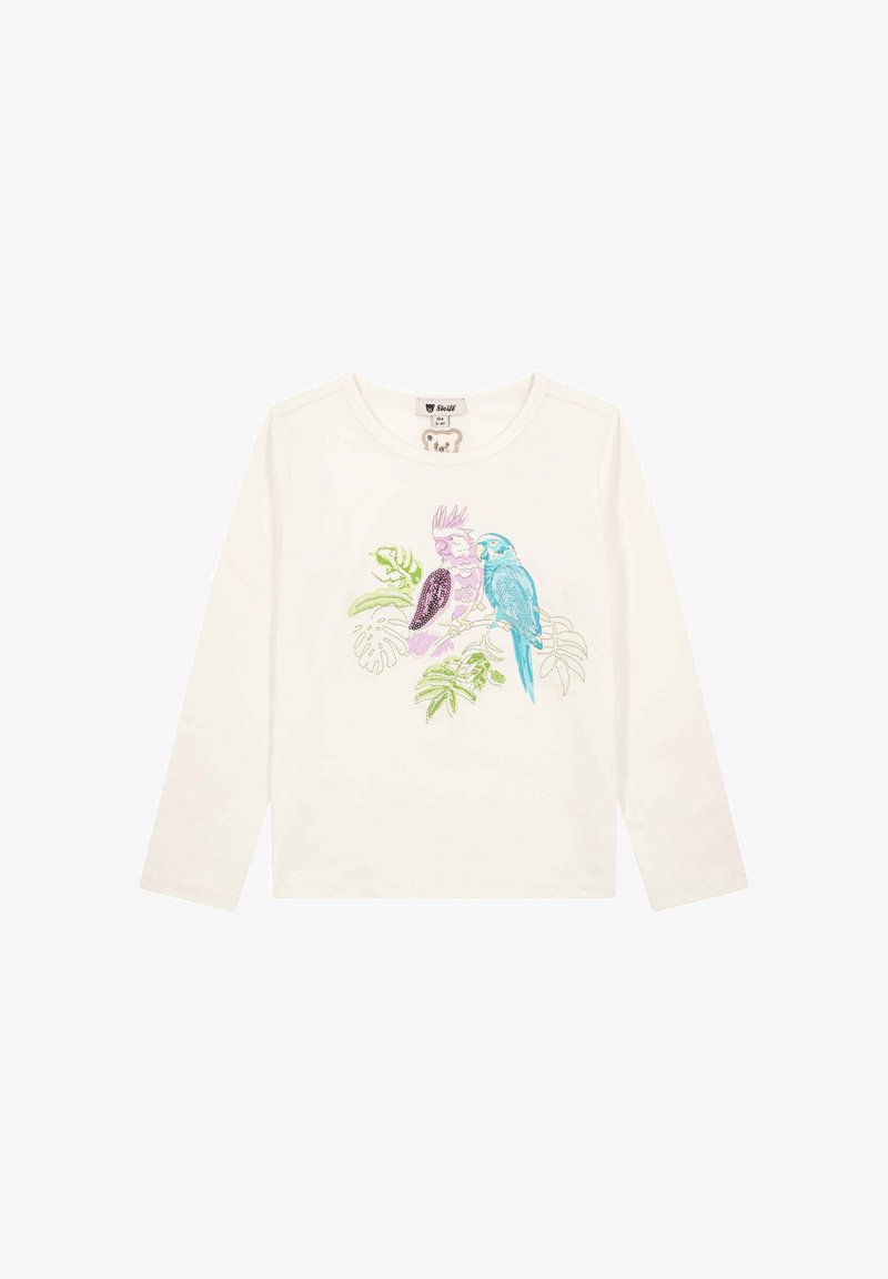 Wit kinderhemd met lange mouwen met roze en blauwe papegaaien en groene tropische bladeren op de voorkant gedrukt.