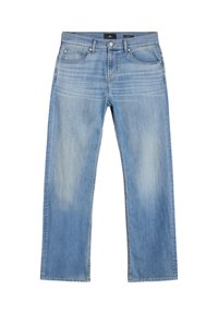 Jeans in denim azzurro chiaro con design a taglio dritto, cinque tasche e sfumature sottili. Cuciture ricamate e chiusura standard con bottone in vita.