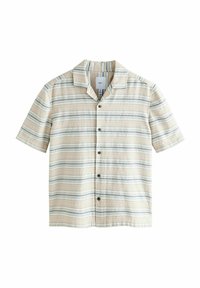 Camicia a maniche corte color crema con strisce orizzontali blu e marroni. Presenta un colletto, una chiusura con bottoni sul davanti e un motivo a diamante testurizzato.