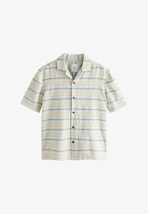 Kortærmet skjorte i creme med vandrette blå og brune striber. Har krave, knaplukning foran og et tekstureret diamantmønster.