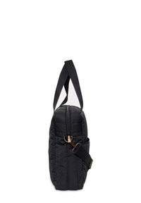 Zwarte gewatteerde schoudertas met ritssluiting, verstelbare schouderband en zijzak. Heeft een gladde textuur en versterkte stiksels.