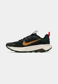 Black and green running shoe with a textured upper, orange Nike logo, white midsole, and a green outsole with red accent at the heel.