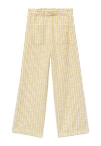 Light yellow striped pants with an elastic waistband and two rear pockets. The fabric has a textured finish with vertical lines.