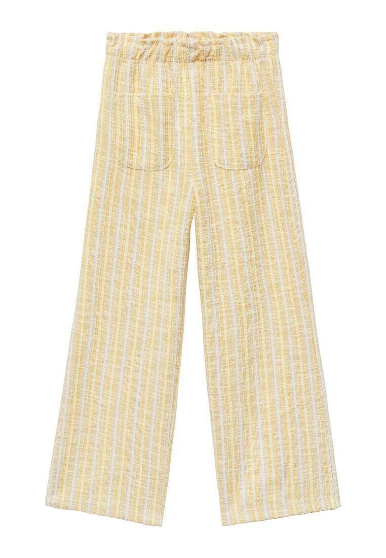 Light yellow striped pants with an elastic waistband and two rear pockets. The fabric has a textured finish with vertical lines.