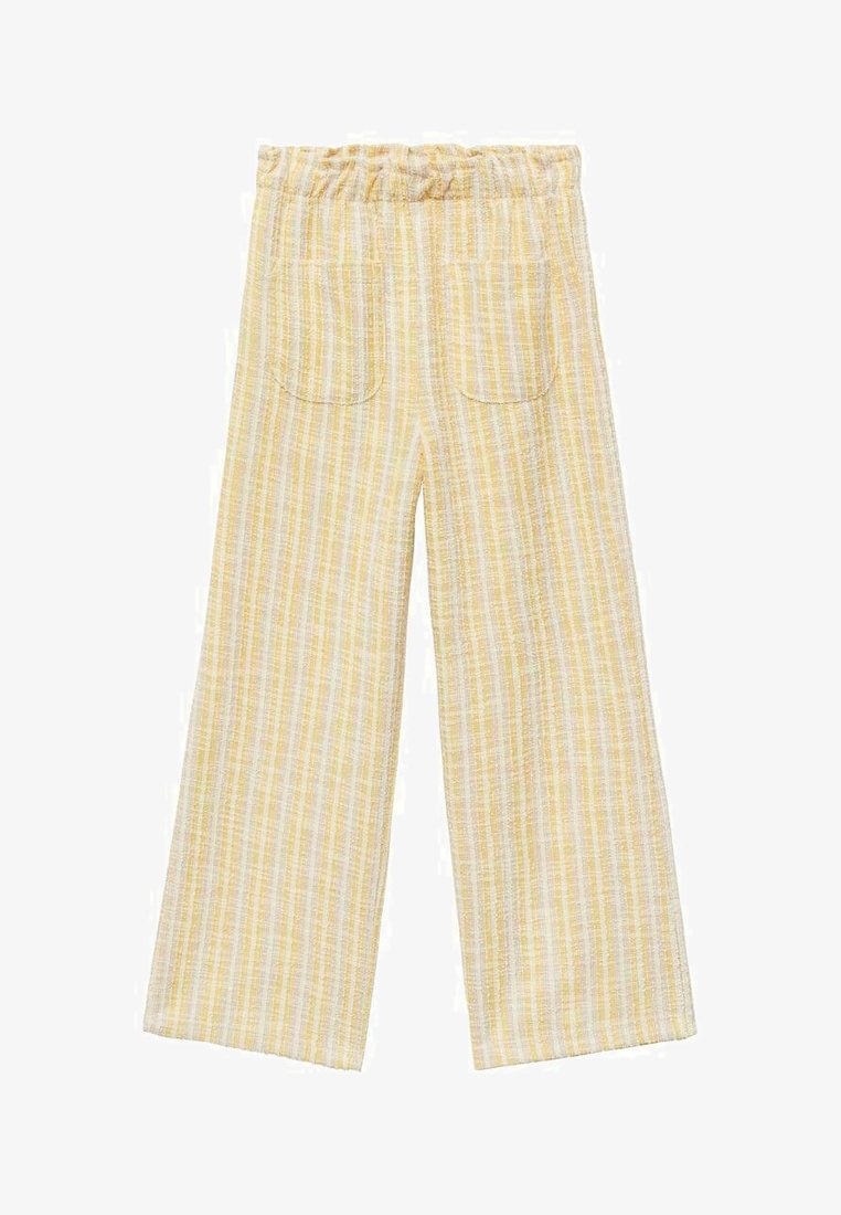 Svetlo rumene prugaste hlače z elastičnim pasom in dvema zadnjima žepoma. Tkanina ima teksturirano površino z navpičnimi črtami.