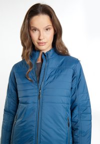Giacca blu imbottita con colletto alto, cuciture orizzontali, chiusura con zip e tasche laterali. Il materiale sembra liscio con una texture leggera.