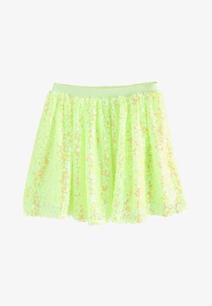 Neónovo žlto-zelená suknička pre batoľa pokrytá irizujúcimi flitrami s elastickým pásom.