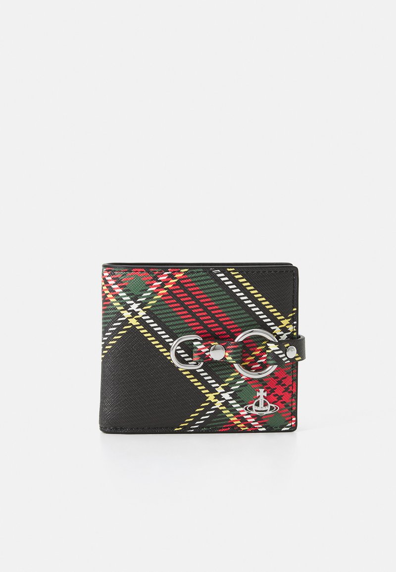 Black wallet with a tartan pattern in red, green, and yellow. Features metallic rings and a textured finish with a logo detail.