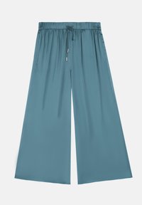 Wide-leg pants in teal, made of smooth fabric. Features an elastic waistband with drawstring and two side pockets.