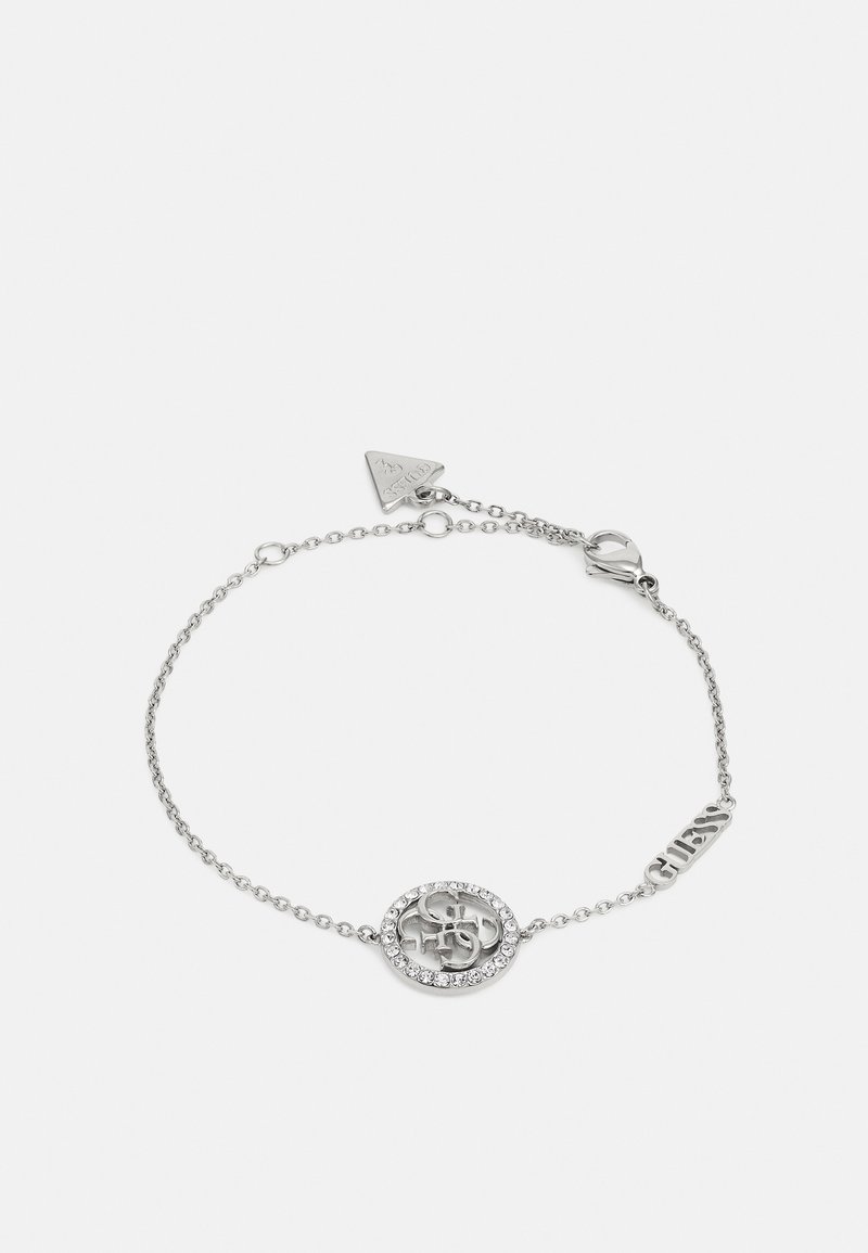 Silberne Kettenarmband mit ovaler Mitte und filigranem Design sowie Kristallakzenten. Enthält ein Logo-Tag und einen sicheren Verschluss.