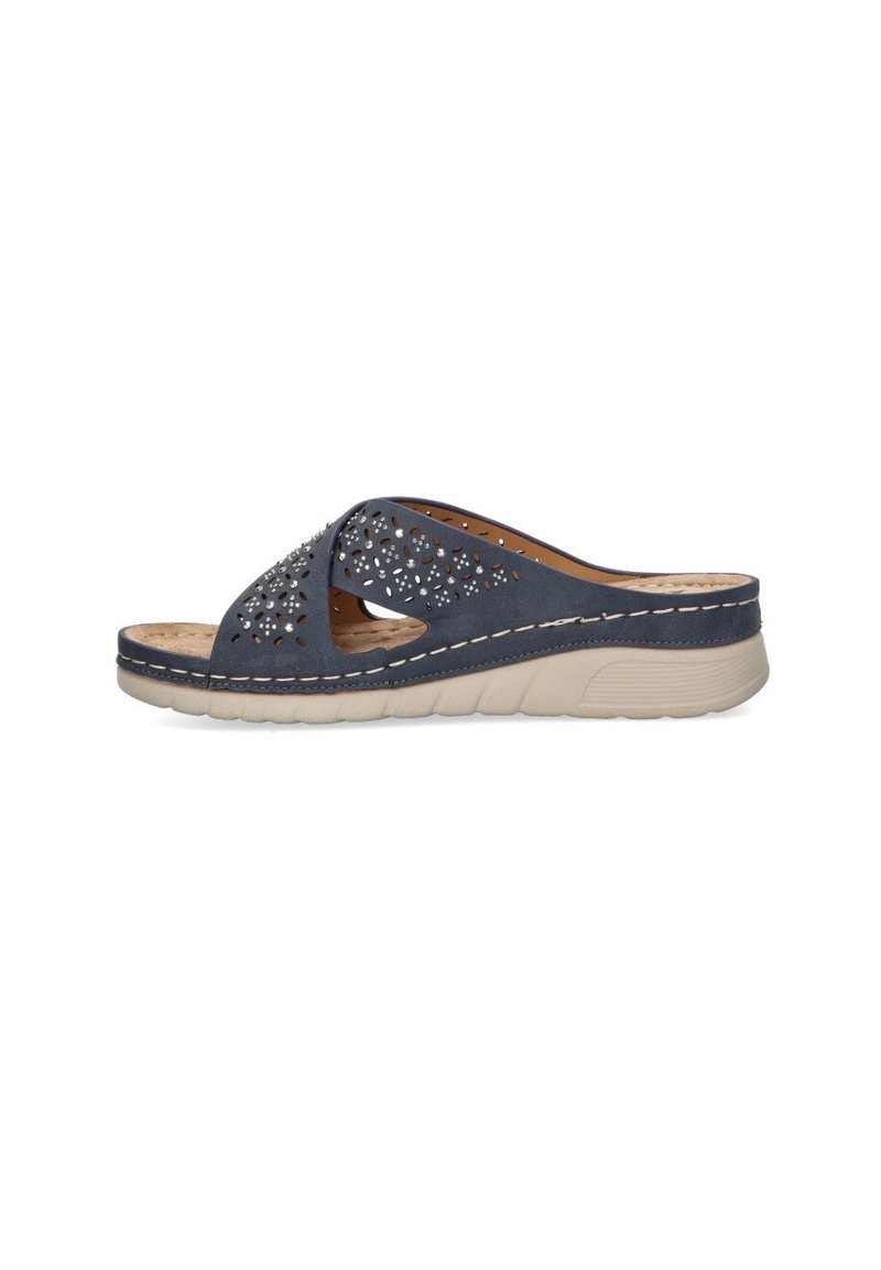 Sandali blu navy slip-on con motivo a intaglio e strass decorativi. Presentano una soletta ammortizzata e una suola beige rialzata.