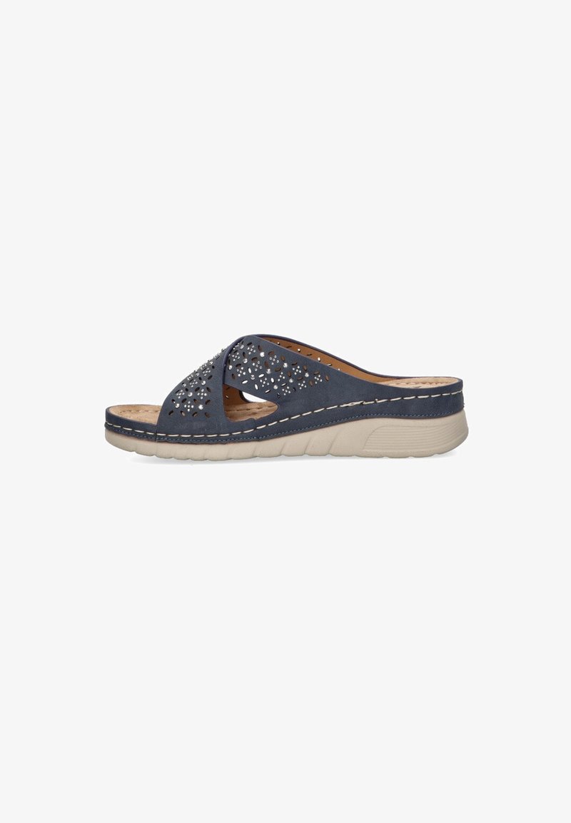 Sandali blu navy slip-on con motivo a intaglio e strass decorativi. Presentano una soletta ammortizzata e una suola beige rialzata.