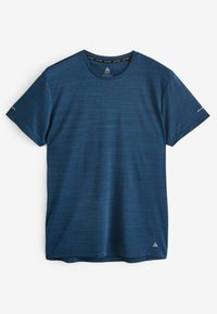Blå kortærmet aktiv T-shirt lavet af struktureret stof, med rund hals, subtile vandrette striber og mærkeaccenter på ærmerne.
