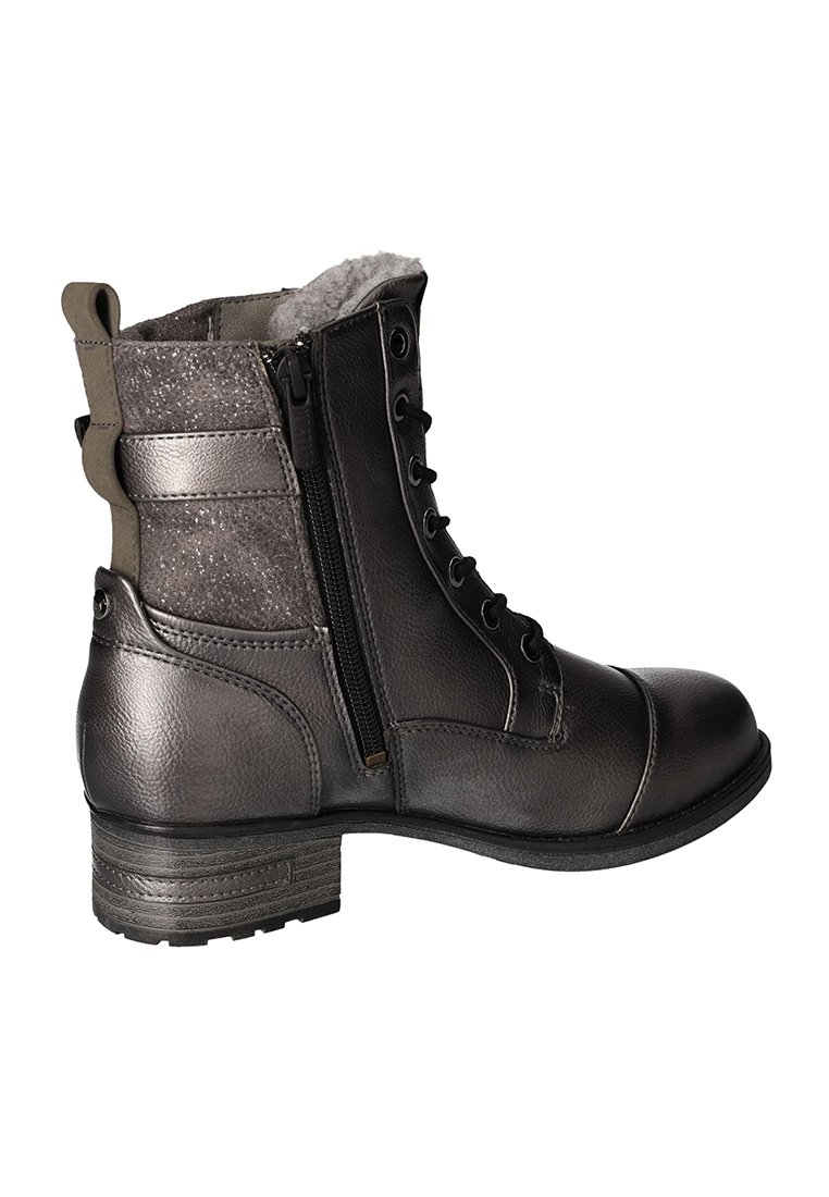 Bottine en cuir noir avec un revêtement gris texturé, devant lacé, fermeture éclair sur le côté et petit talon. Intérieur doublé d'un matériau doux.