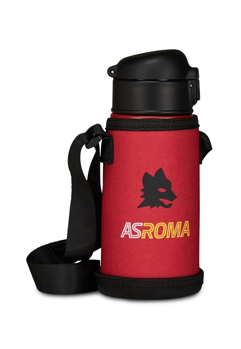 Termos isolato rosso con tappo e manico neri, caratterizzato da un grafiche di un lupo e il testo "ASROMA" in giallo e bianco, fissato da una cinghia.
