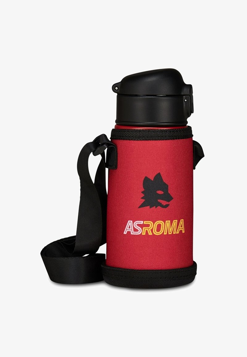 Termos isolato rosso con tappo e manico neri, caratterizzato da un grafiche di un lupo e il testo "ASROMA" in giallo e bianco, fissato da una cinghia.