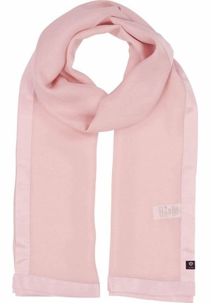 Vaaleanpunainen huivi, joka on valmistettu pehmeästä kankaasta. Huivin pinta on sileä ja satiinimainen reunoiltaan. Design on yksinkertainen ilman kuvioita. Tunniste näkyy toisessa päässä.