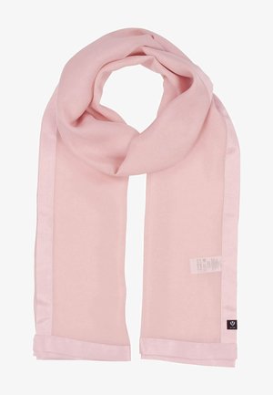 Lyserød tørklæde lavet af blødt stof, med en glat overflade og satin-lignende kanter. Designet er enkelt uden mønstre. Etiketten er synlig i den ene ende.