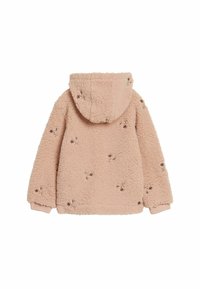 Rosa, fleecefodrad jacka med huva, som har blommönster broderat. Designen inkluderar ribbstickade muddarochn en mjuk, texturerad yta.