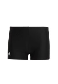 Bañador negro hecho de material elástico. Presenta un ajuste ceñido, con tres rayas blancas a lo largo de los lados. Logotipo en la parte delantera izquierda.