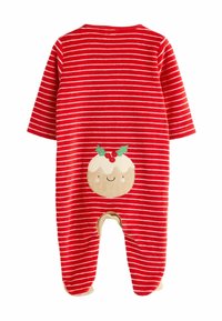 Rødstribet coverall med lange ærmer, der har et cremefarvet, smilende buddingdesign på ryggen og en blød bomuldsstruktur.