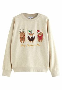 Sweat-shirt beige avec trois vaches Highland dessinées en style cartoon, vêtues pour Noël, avec le texte doré « Joyeux Noël à Moo ! » en dessous.
