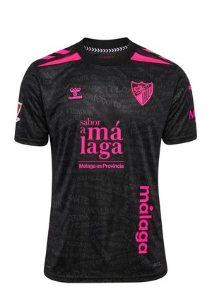 Czarna koszulka piłkarska z różowym logo Málaga CF, tekstem sponsora "sabor a málaga" i "Málaga es Provincia," oraz subtelne wzory tekstowe na tkaninie.