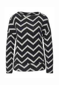 Černobílý svetr se vzorem ve tvaru šipek, s volným střihem, širokým výstřihem a dlouhými rukávy. Vyrobený z texturované pleteniny.