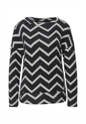 Zwart-witte trui met een chevronpatroon, losse pasvorm, brede halslijn en lange mouwen. Gemaakt van textuurrijke gebreide stof.