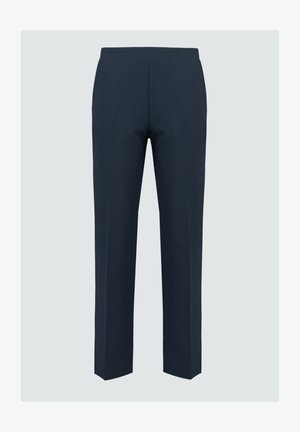 Navybroek met een rechte pijp, gemaakt van een gladde stof, met een platte voorkant en zonder zichtbare stiksels of zakken.