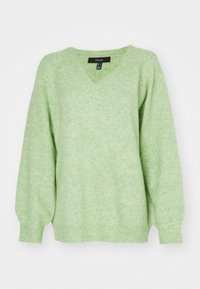 Helle grüne, strukturierte Strickjacke mit V-Ausschnitt und Ballonärmeln. Gerippte Bündchen und Saum. Weiches, lässiges Design, das sich gut zum Schichten eignet.