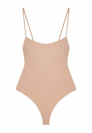 Jednoczęściowy kostium kąpielowy w kolorze nude z cienkimi ramiączkami, wykonany z gładkiego materiału. Posiada minimalistyczny design oraz zapięcie na zatrzask na dole.