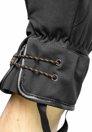 Schwarzer Winterhandschuh mit elastischem Bündchen, Lederbesatz und schwarz-orangefarbigen geflochtenen Kordeln durch metallene Ösen zur Anpassung.