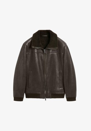 Ciemnobrązowa kurtka na zamek z kołnierzem z kożucha, ściągaczami na mankietach i u dołu, wyposażona w dwie pionowe boczne kieszenie.